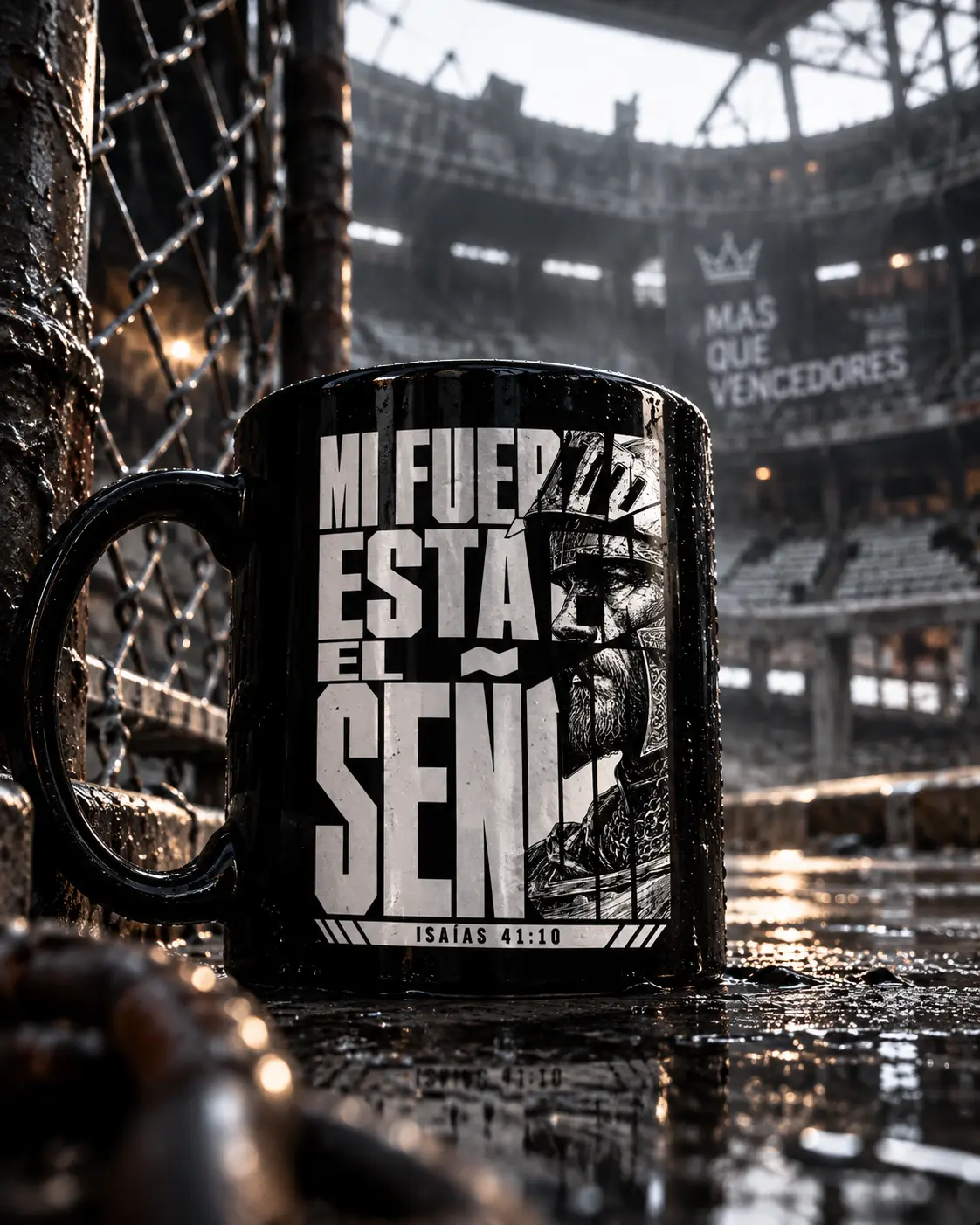Taza negra con diseño Mi fuerza está en el Señor